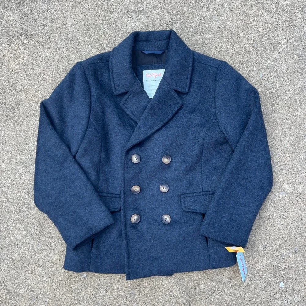 Cat & Jack Boys Navy Blue Double Breasted Pea Coat Jacket Size S 6/7 New
